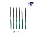 ست سوهان زرگری ۶ عددی تاپ تول (TOPTUL) مدل GNBA0601 با دسته‌های سبز و اشکال متنوع سوهان کاری.